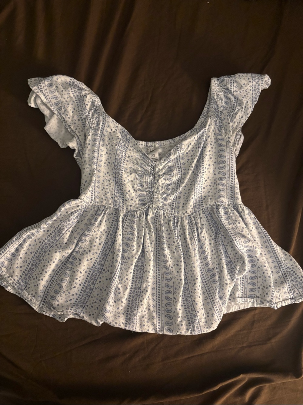 Light Blue Printed Flutter-Sleeve Peplum Top